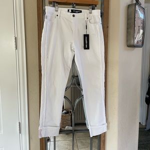 Karl Lagerfeld white jeans, seamed fringed cuff w/ red stitching detail, size 8